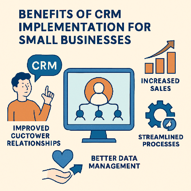 Illustration showing the benefits of CRM implementation for small businesses