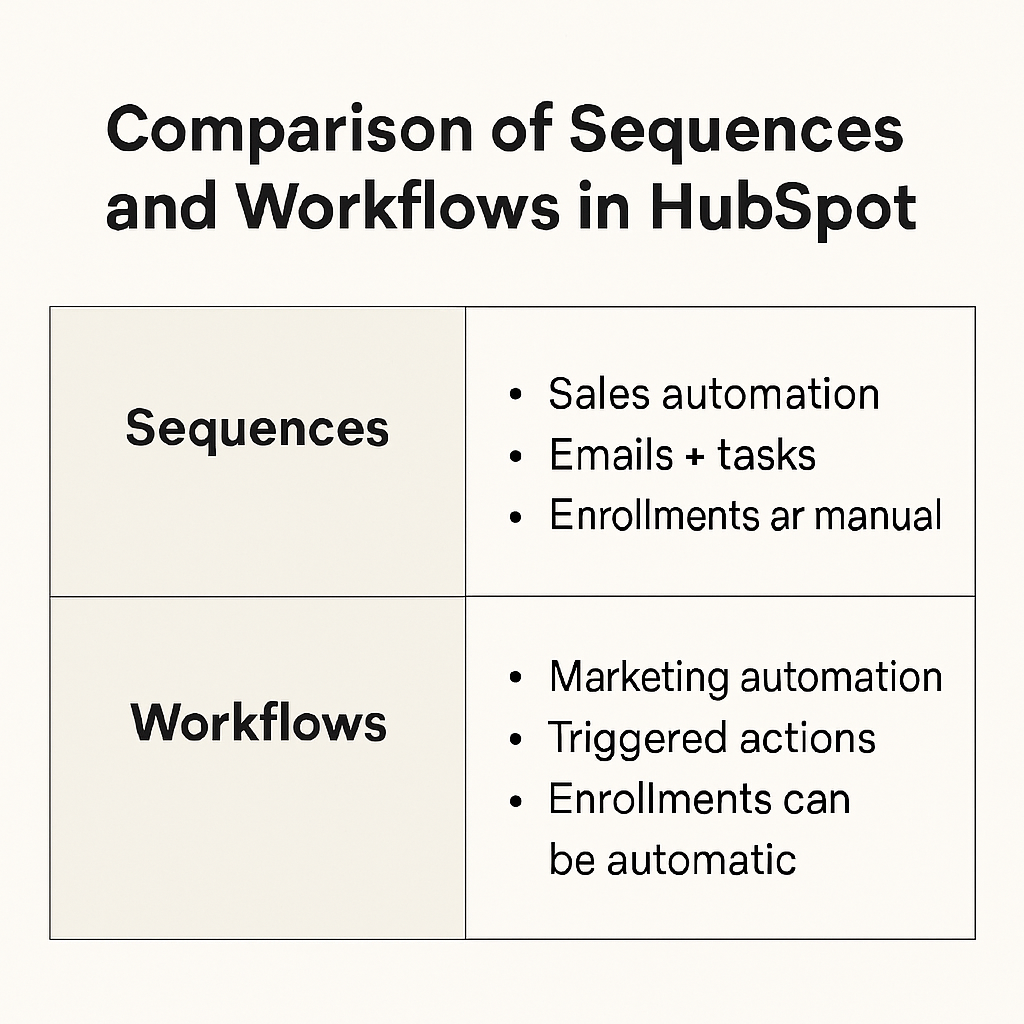 Comparison chart of sequences and workflows in HubSpot