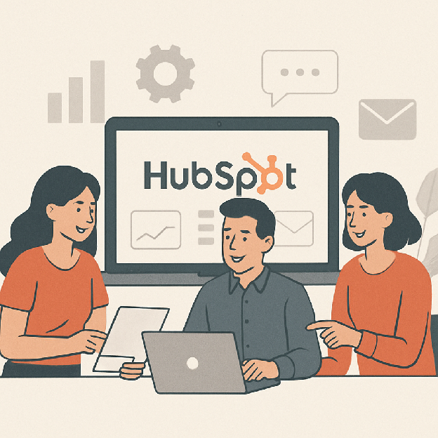 Marketers collaborating and using HubSpot tools