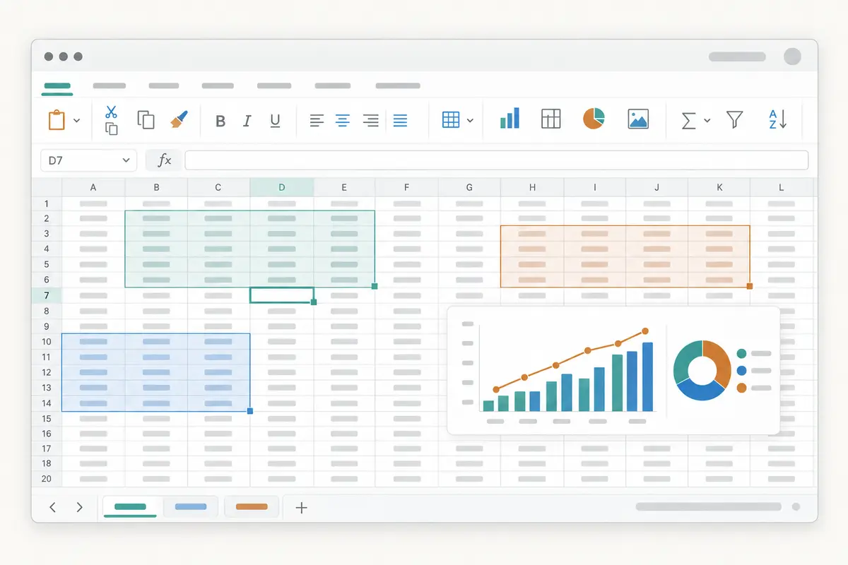 revenue spreadsheet workbook with ribbon controls, cell grid, report charts, and worksheet tabs